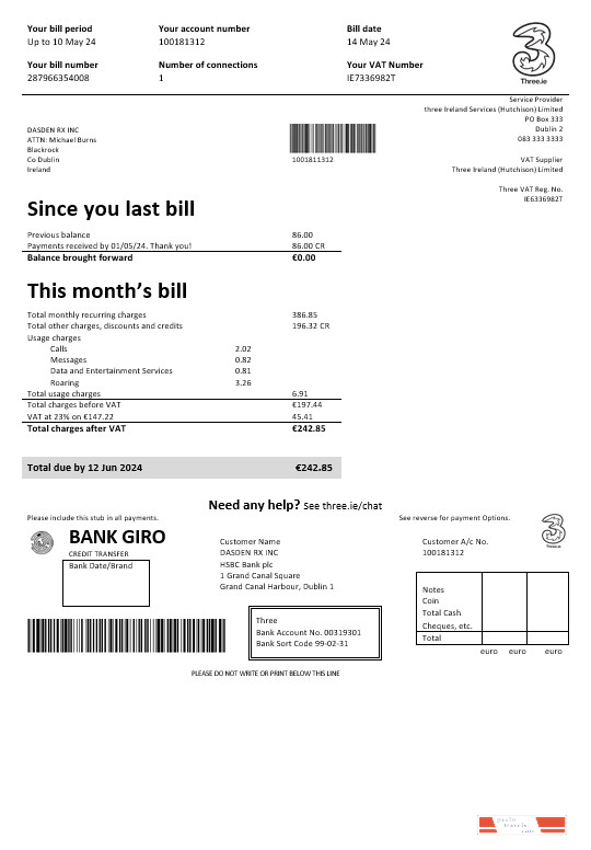 Ireland Three.ie business utility bill template in Word and PDF formats